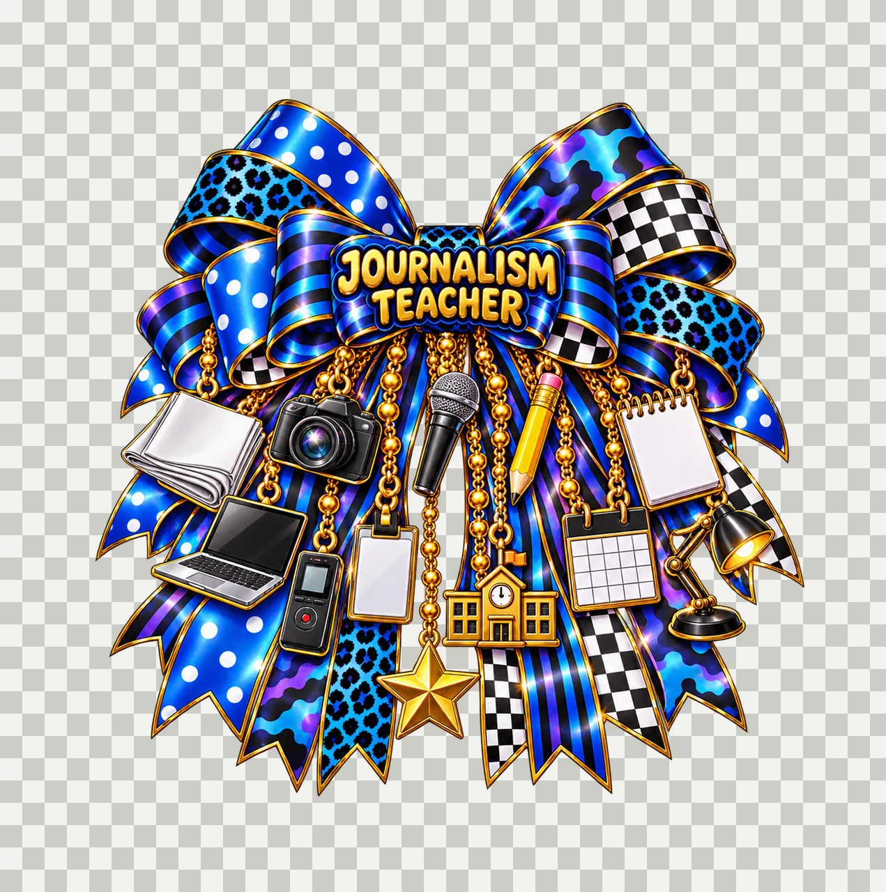Journalism Teacher Bow Charm PNG, Gold Chain Charms, Transparent Sublimation Design, Digital Download transparency and detail preview thumbnail