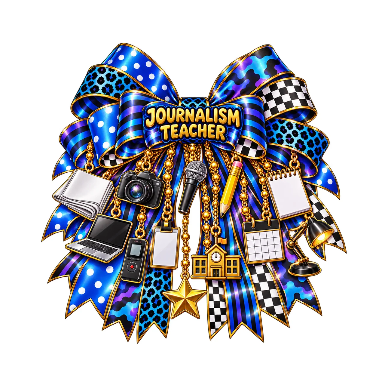 Journalism Teacher Bow Charm PNG, Gold Chain Charms, Transparent Sublimation Design, Digital Download