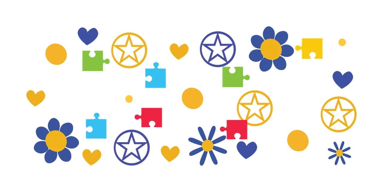 Abstract pattern of puzzle pieces, stars, flowers, hearts, and circles Illustration with green puzzle piece, blue puzzle piece, red puzzle piece and yellow star in circle