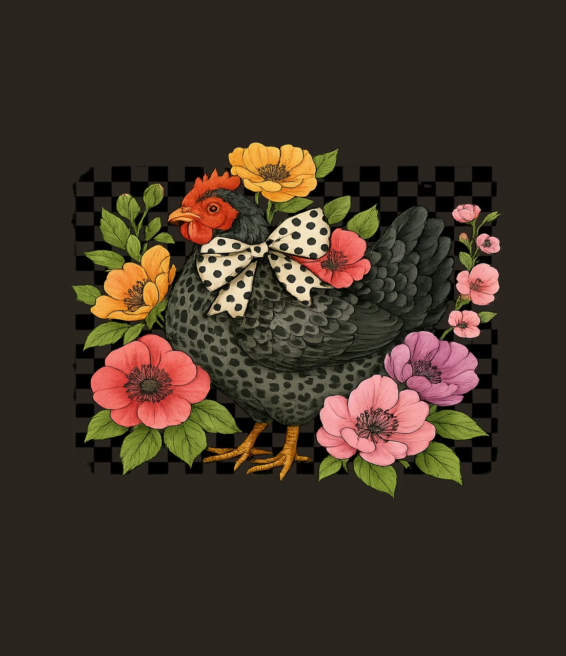 Flower Chicken Surrounded By Flowers With And Bow leaves contrast preview thumbnail