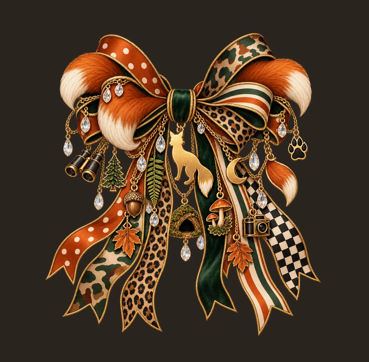 Fox Lover Bow Charm PNG, Gold Chain Charms, Transparent Sublimation Design, Digital Download contrast preview thumbnail