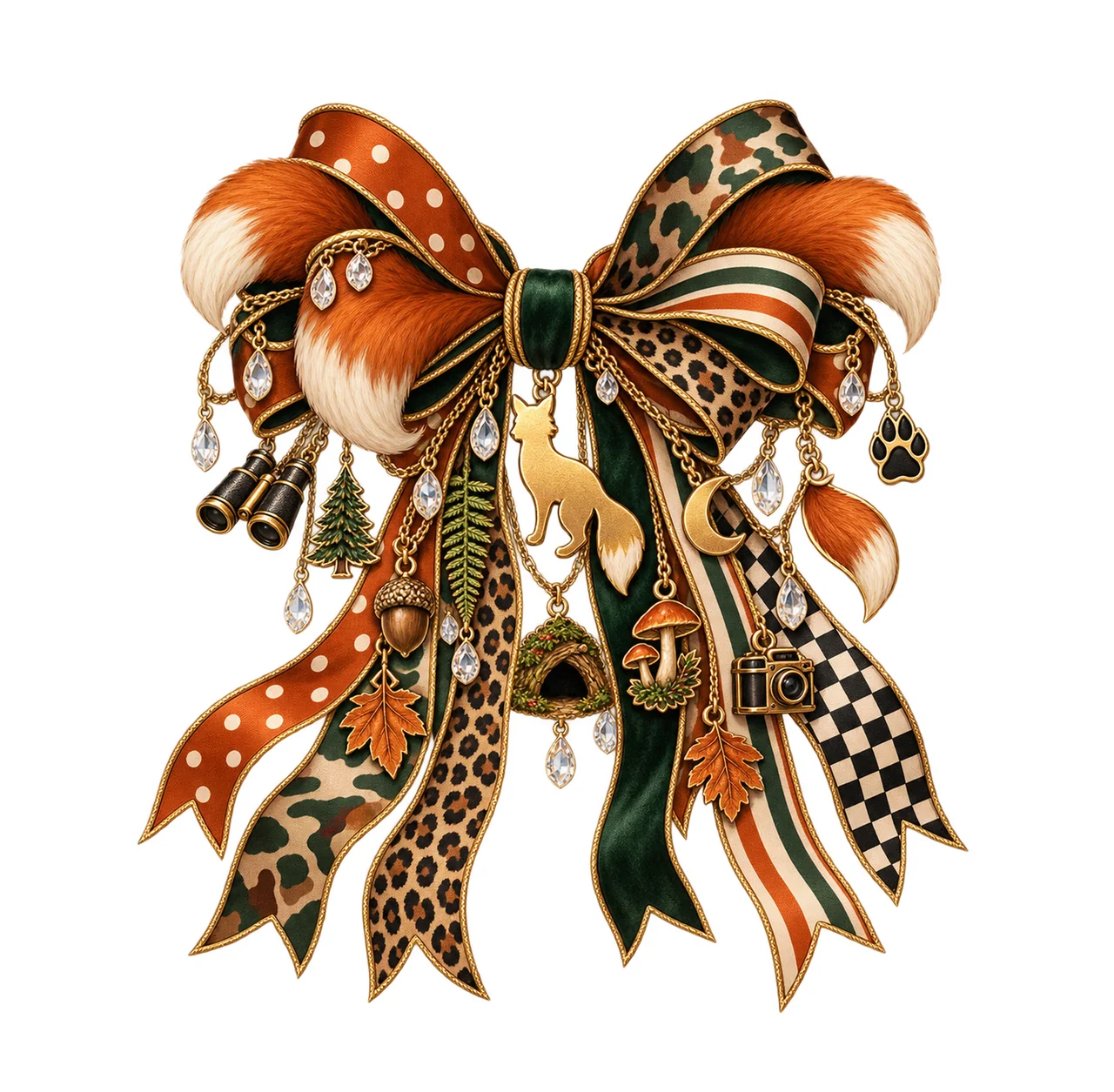 Fox Lover Bow Charm PNG, Gold Chain Charms, Transparent Sublimation Design, Digital Download