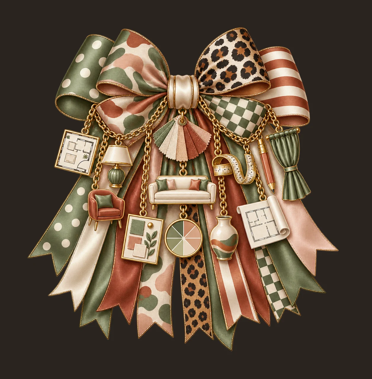 Interior Designer Bow Charm PNG, Themed Gold Chain Charms, Coquette Ribbon Sublimation Design, Transparent Digital Download contrast preview thumbnail