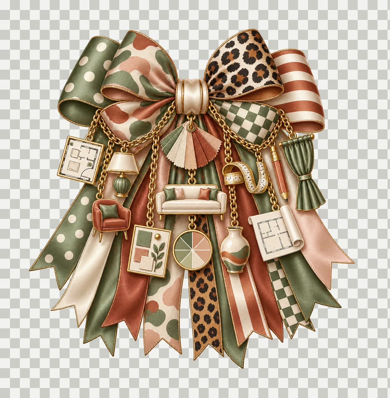 Interior Designer Bow Charm PNG, Themed Gold Chain Charms, Coquette Ribbon Sublimation Design, Transparent Digital Download transparency and detail preview thumbnail