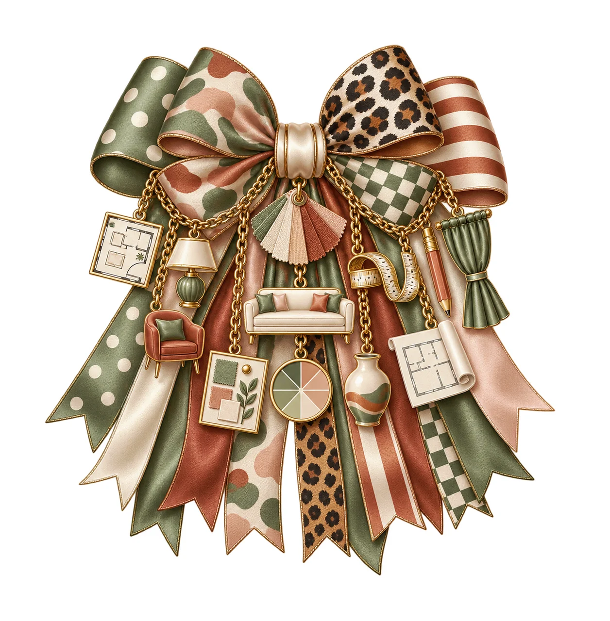 Interior Designer Bow Charm PNG, Themed Gold Chain Charms, Coquette Ribbon Sublimation Design, Transparent Digital Download