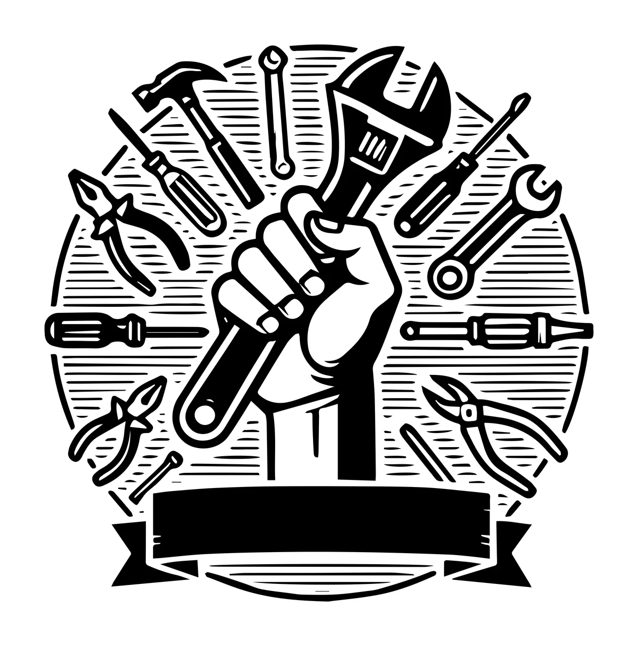 Hand Holding Wrench With Assorted Tools hammer pliers screwdriver