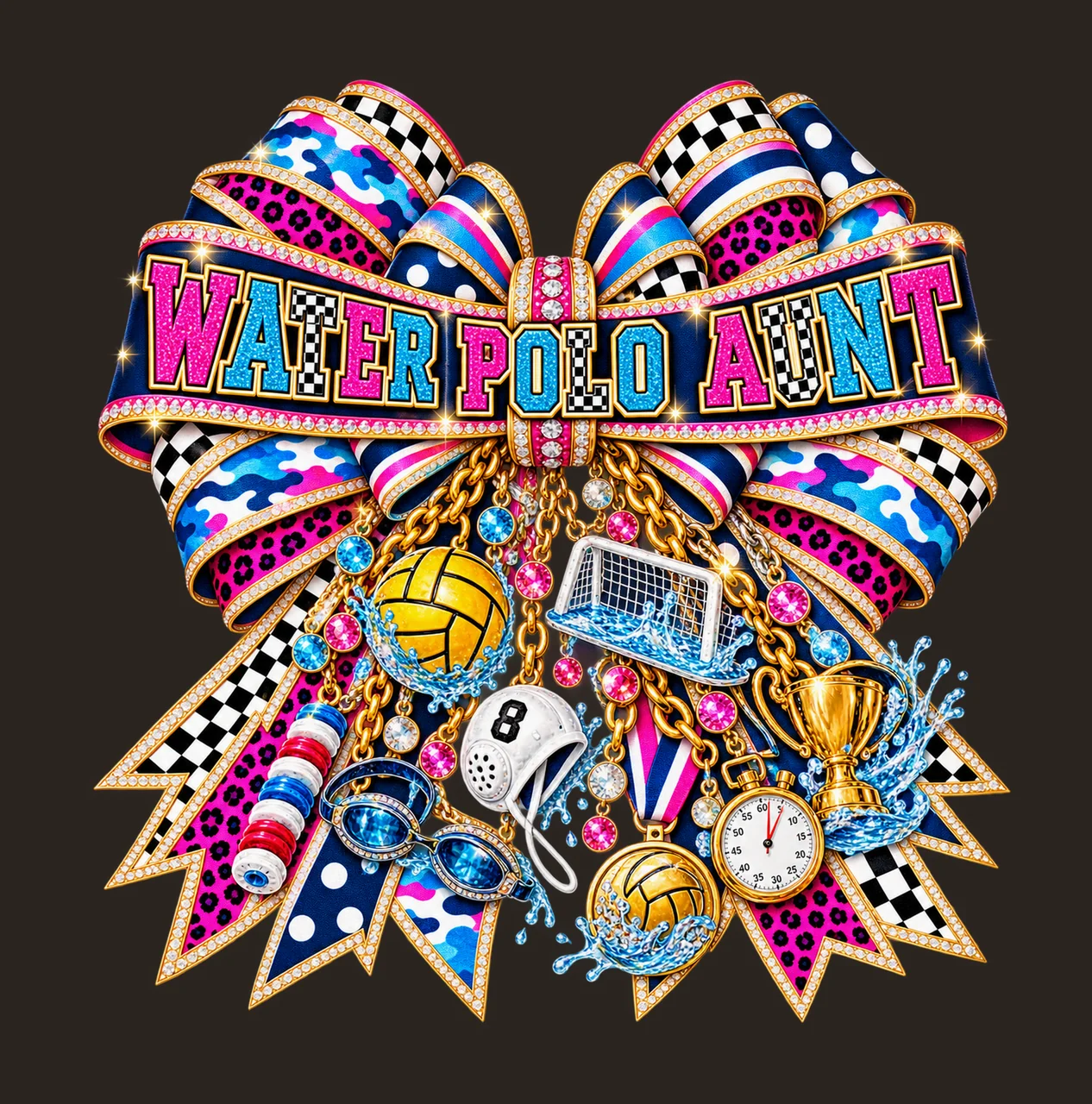 Water Polo Aunt Bow Charm PNG, Patterned Varsity Aunt Ribbon Clipart, Transparent Sublimation Digital Download contrast preview thumbnail
