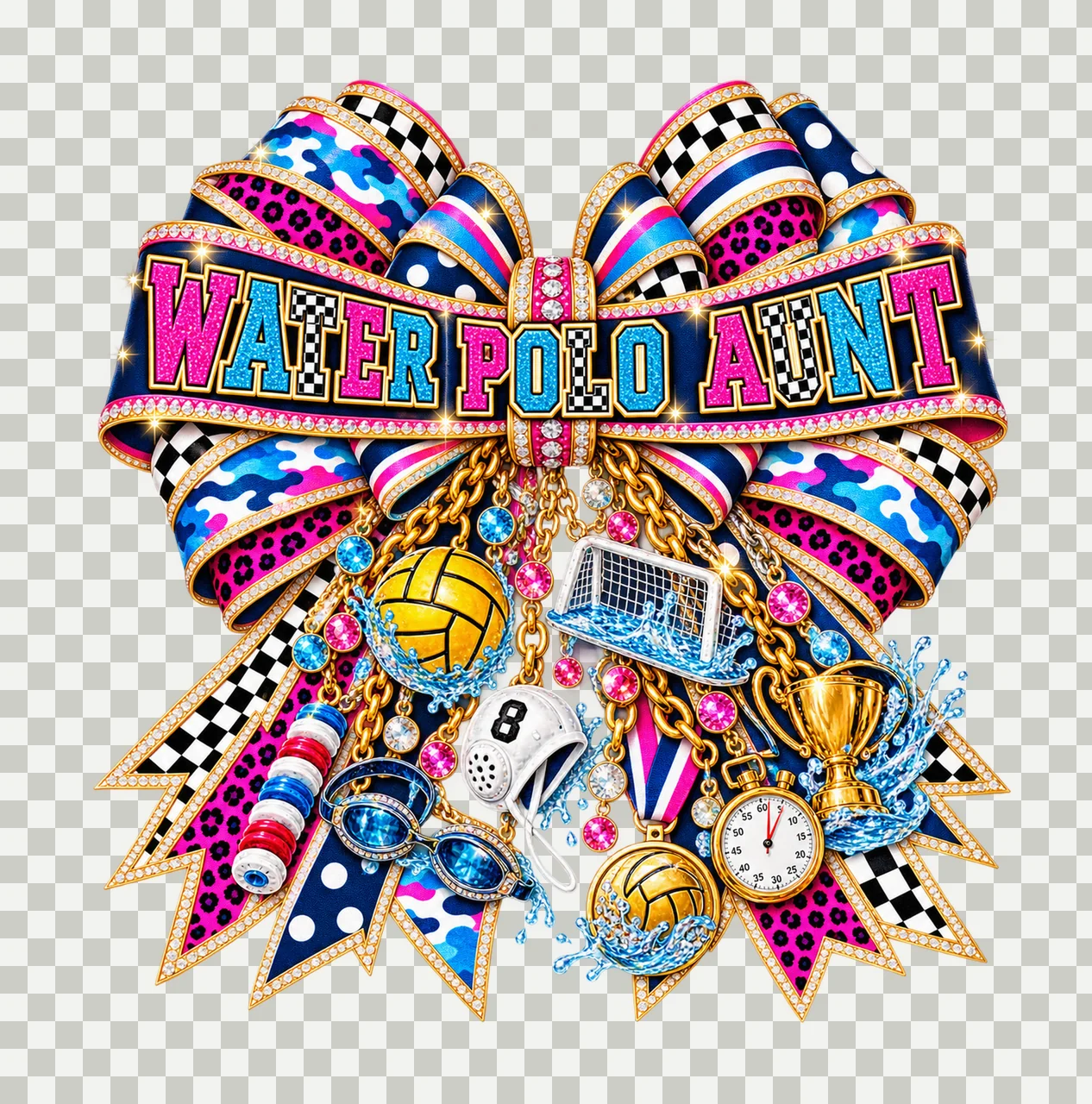Water Polo Aunt Bow Charm PNG, Patterned Varsity Aunt Ribbon Clipart, Transparent Sublimation Digital Download transparency and detail preview thumbnail