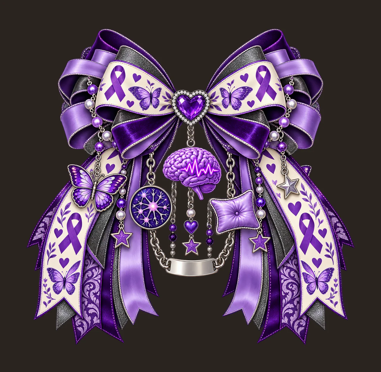 Epilepsy Awareness PNG, Purple Ribbon and Brain Coquette Bow, No Text Sublimation Clipart, Transparent Digital Download contrast preview thumbnail