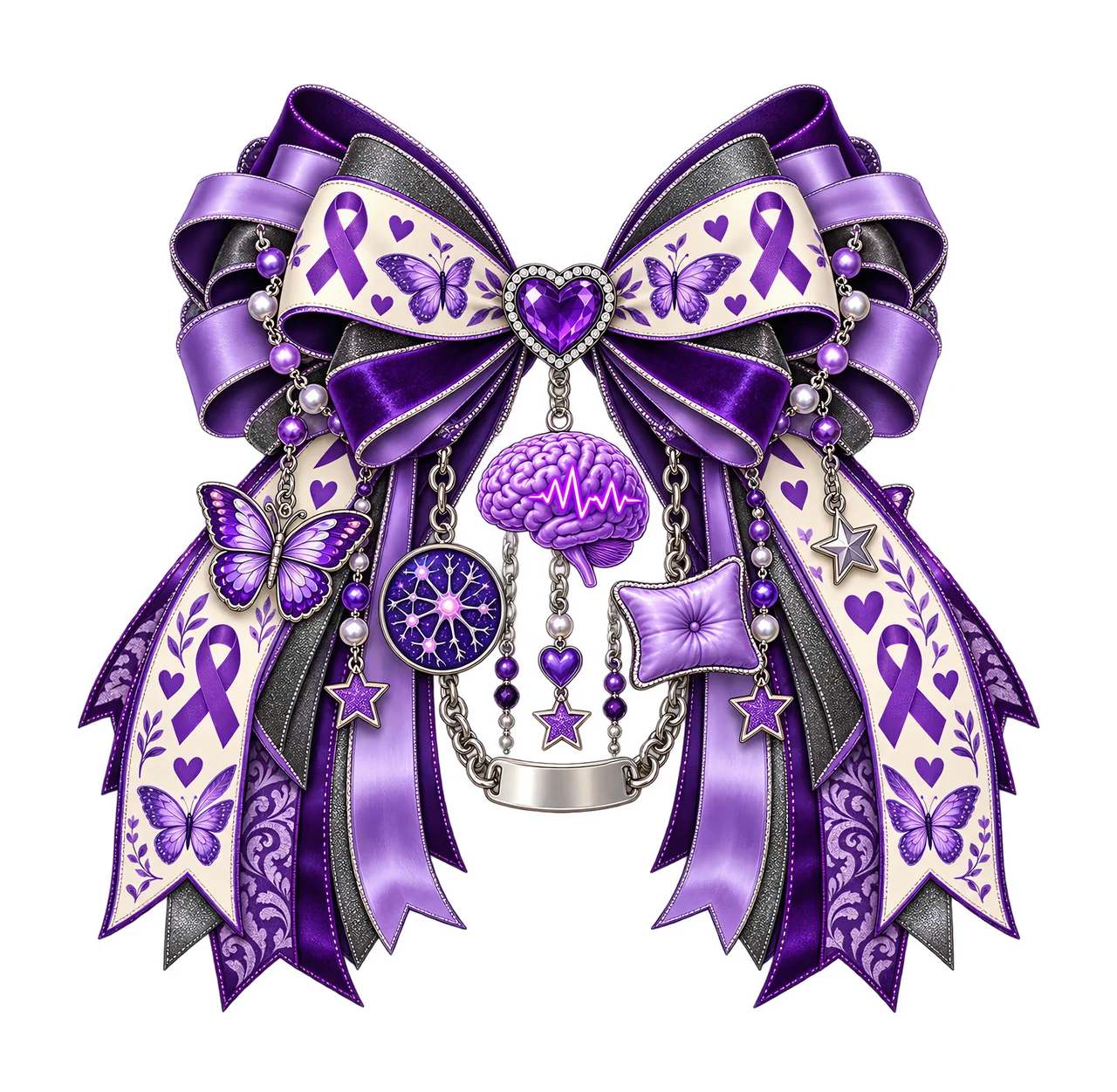 Epilepsy Awareness PNG, Purple Ribbon and Brain Coquette Bow, No Text Sublimation Clipart, Transparent Digital Download