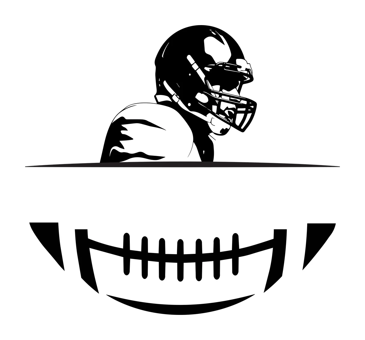 Football Player Silhouette Over Ball playing helmet black white