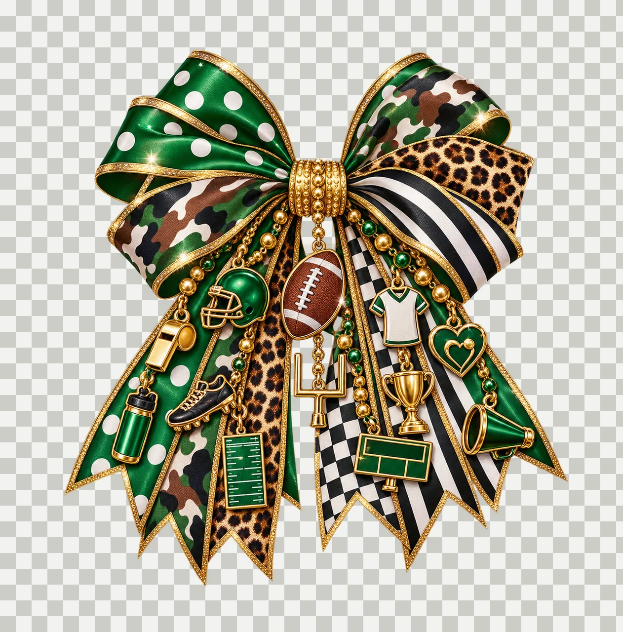 Football Mom Bow Charm PNG, Themed Gold Chain Charms, Coquette Ribbon Sublimation Design, Transparent Digital Download transparency and detail preview thumbnail