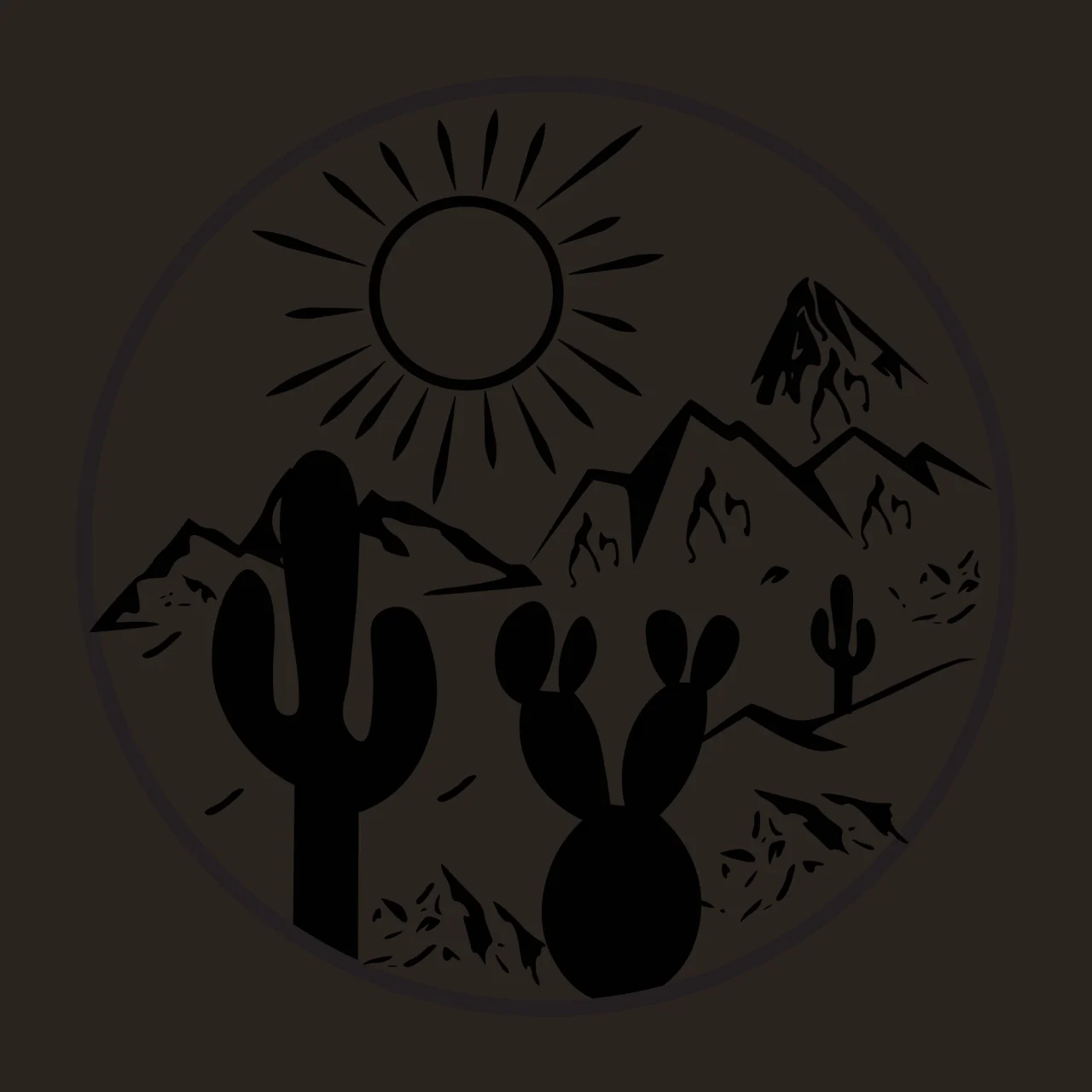 Silhouette Design of Circular desert landscape design with sun with rays, mountains, saguaro cactus and prickly pear cactus in black and white contrast preview thumbnail