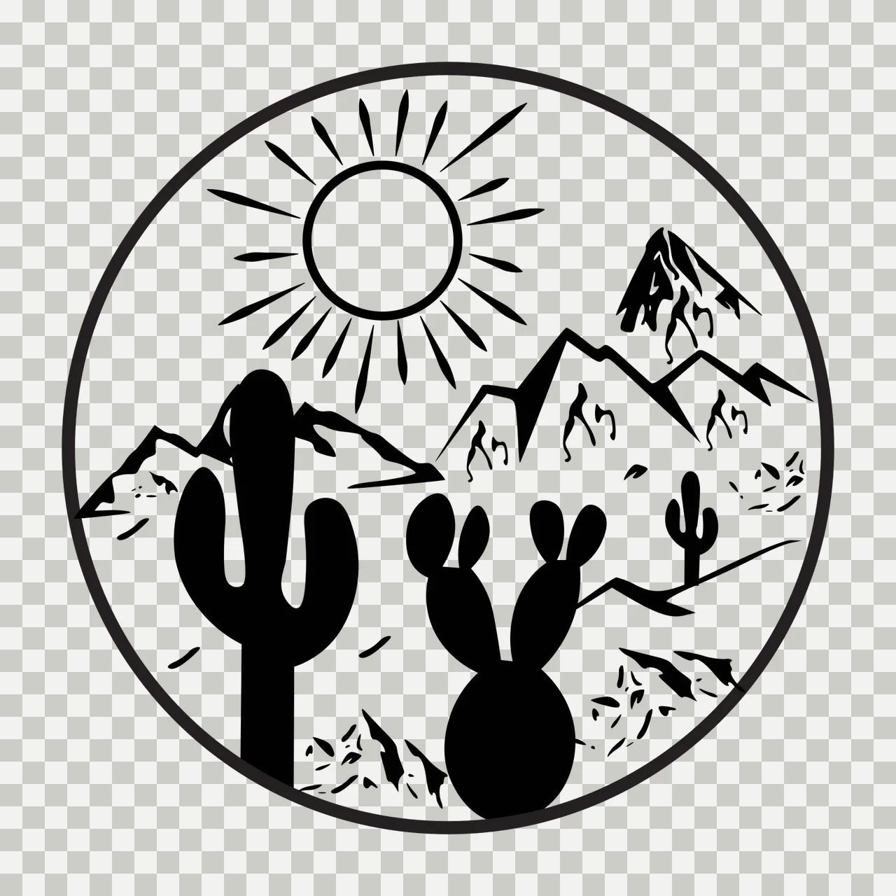 Silhouette Design of Circular desert landscape design with sun with rays, mountains, saguaro cactus and prickly pear cactus in black and white transparency and detail preview thumbnail