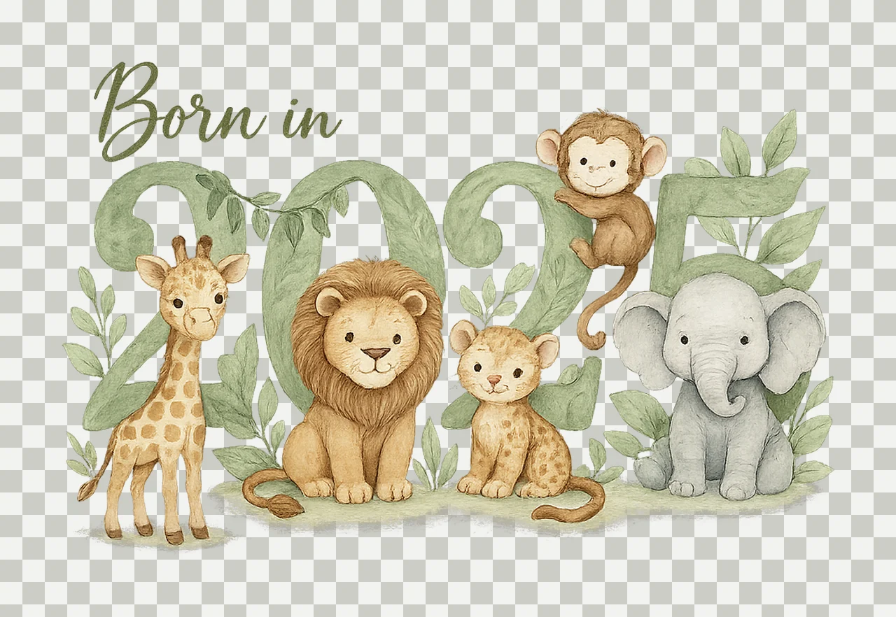 Safari Animals Born 2025 Sage Green Artwork Baby Vest Design transparency and detail preview thumbnail