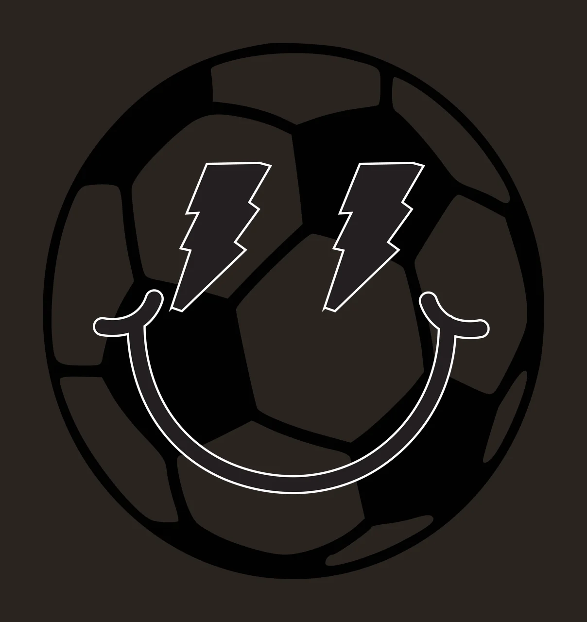 Soccer ball with stylized facial features Illustration with black and white soccer ball, two black lightning bolts, curved black smile and black outlines contrast preview thumbnail