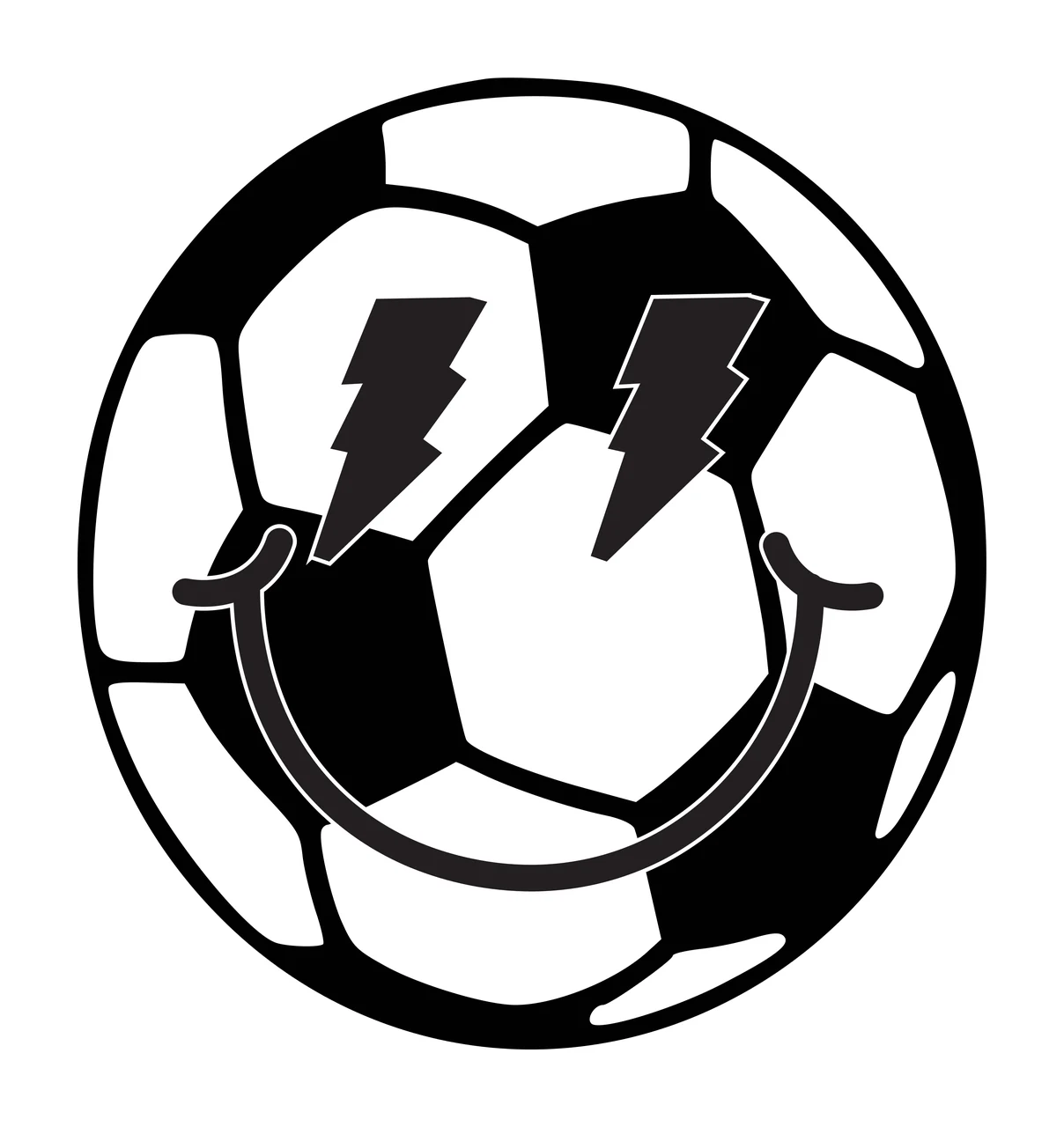 Soccer ball with stylized facial features Illustration with black and white soccer ball, two black lightning bolts, curved black smile and black outlines