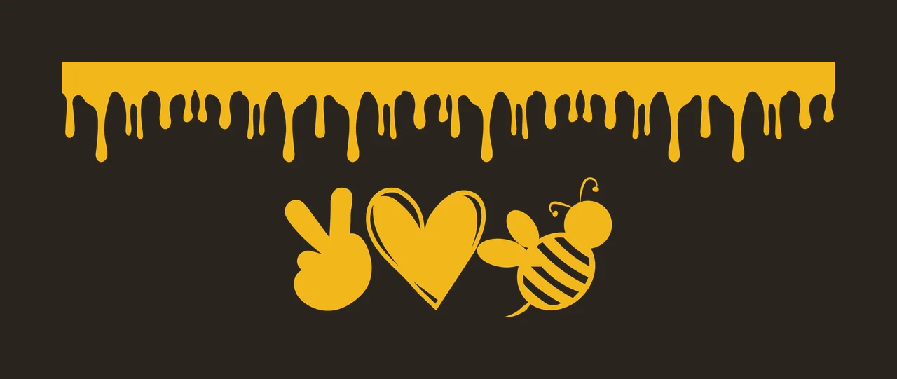 Honey-themed decorative banner with three yellow icons Illustration with yellow honey drip border, peace sign icon, heart icon and bee icon with stripes in white contrast preview thumbnail
