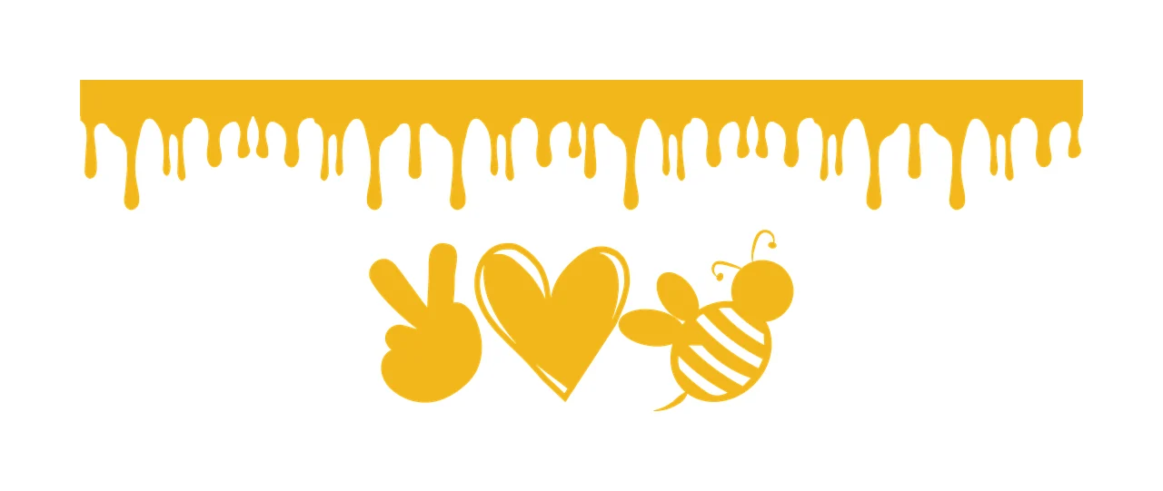Honey-themed decorative banner with three yellow icons Illustration with yellow honey drip border, peace sign icon, heart icon and bee icon with stripes in white