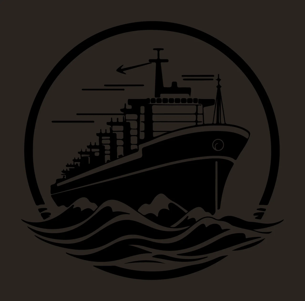 Ship Cargo At Sea Emblem Sail Waves Circle Graphic Black White contrast preview thumbnail