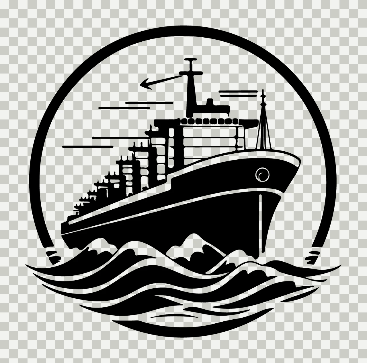 Ship Cargo At Sea Emblem Sail Waves Circle Graphic Black White transparency and detail preview thumbnail