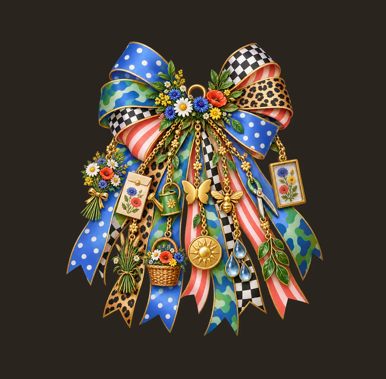 Wildflower Lover Bow Charm PNG, Gold Chain Charms, Transparent Sublimation Design, Digital Download contrast preview thumbnail