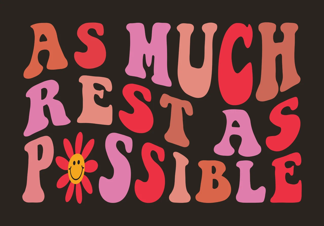 AS MUCH REST AS POSSIBLE Typography with wavy text, smiley face flower, retro font and Retro 70s in pink, red and orange contrast preview thumbnail