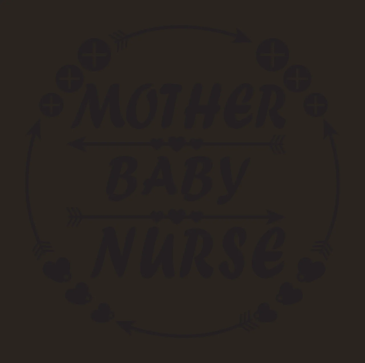 MOTHER BABY NURSE Typography Design with black text 'MOTHER' 'BABY' 'NURSE', black arrows with fletching, black plus signs and black hearts with small white dots contrast preview thumbnail