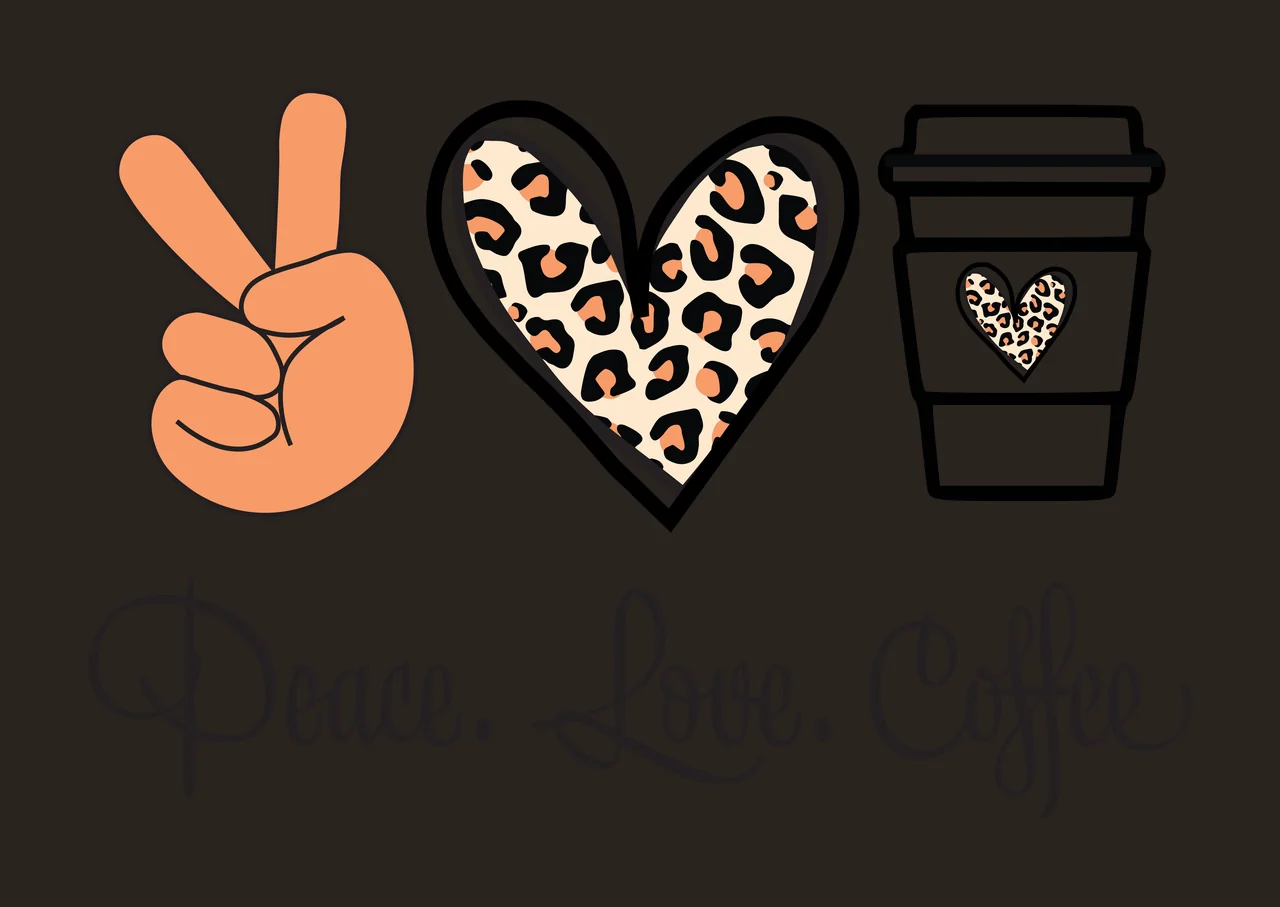 Peace. Love. Coffee Typography Design with orange peace sign hand, leopard-print heart, black-outlined coffee cup and cursive text 'Peace Love Coffee' in beige contrast preview thumbnail