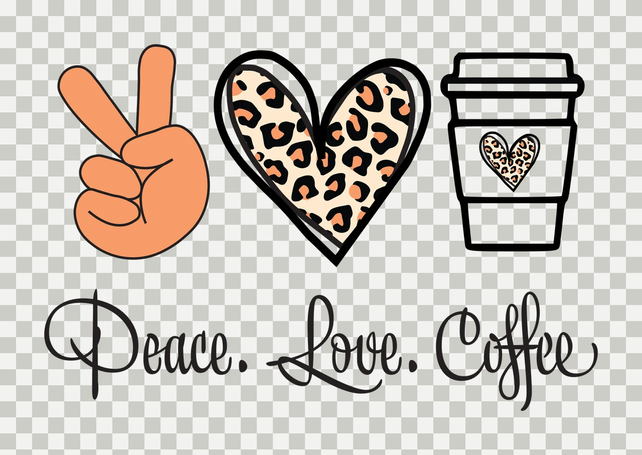 Peace. Love. Coffee Typography Design with orange peace sign hand, leopard-print heart, black-outlined coffee cup and cursive text 'Peace Love Coffee' in beige transparency and detail preview thumbnail