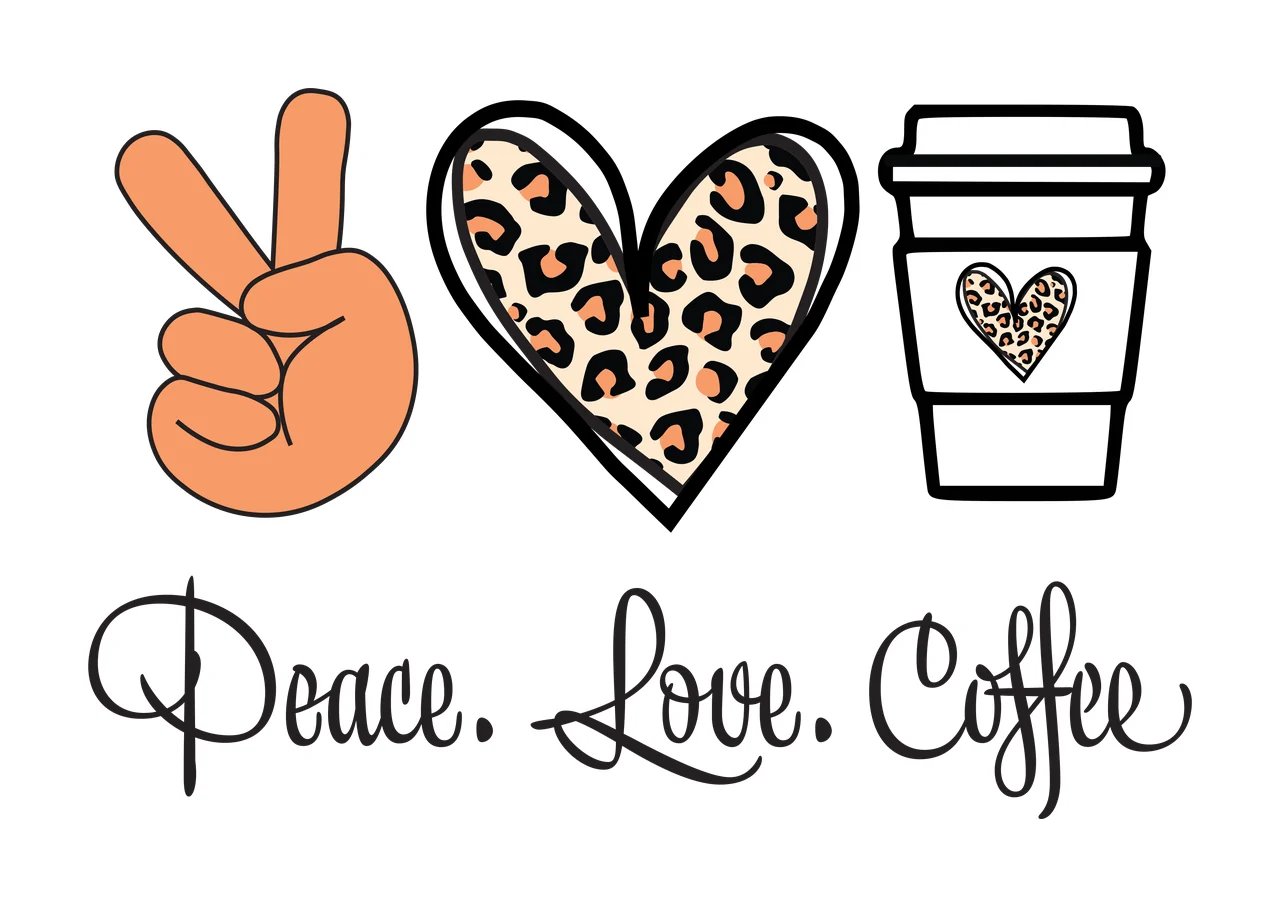 Peace. Love. Coffee Typography Design with orange peace sign hand, leopard-print heart, black-outlined coffee cup and cursive text 'Peace Love Coffee' in beige