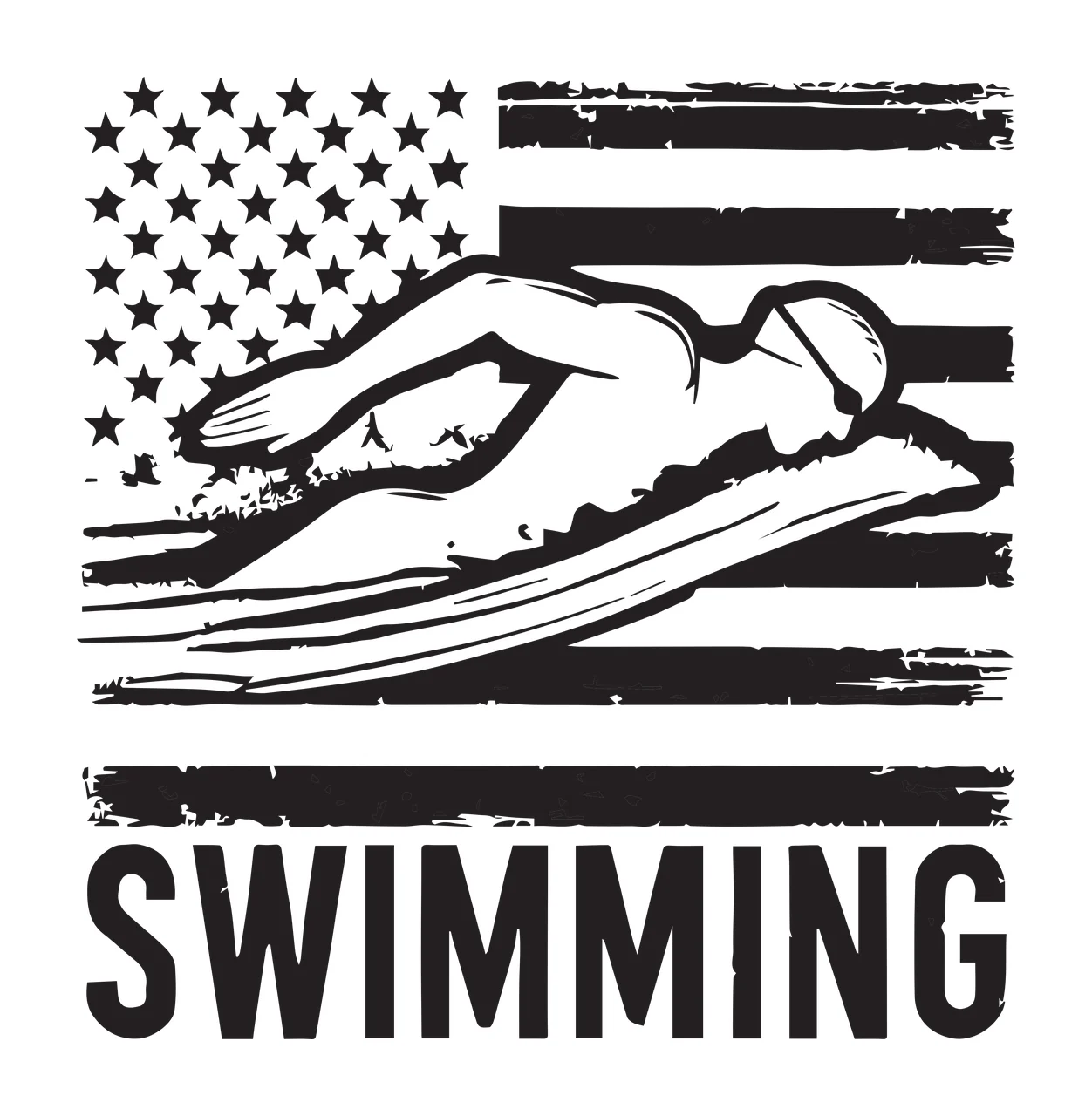 Swimming Silhouette Over American Flag Pattern swimmer water