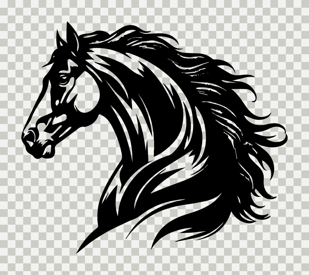 Horse Head Side Profile Silhouette flowing mane illustration transparency and detail preview thumbnail