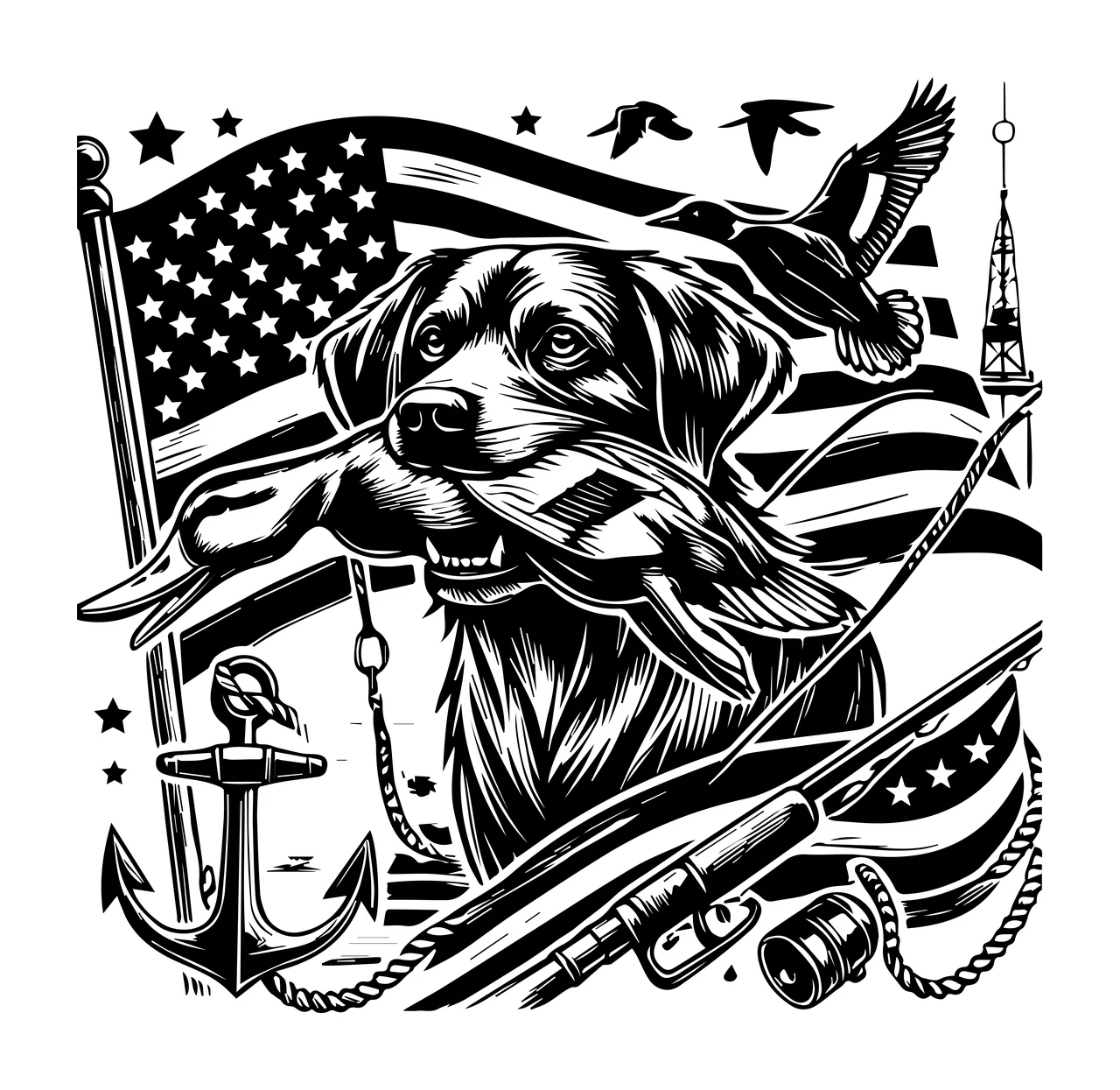 Duck Flag Dog With Before American carrying anchor fishing rod