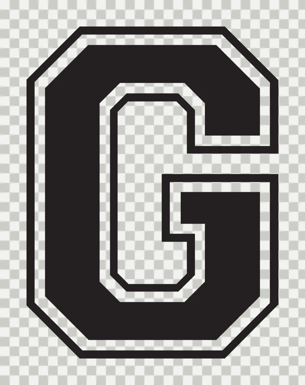G Letter Design with capital letter G, block typography, double outline and bevelled corners in black and white transparency and detail preview thumbnail
