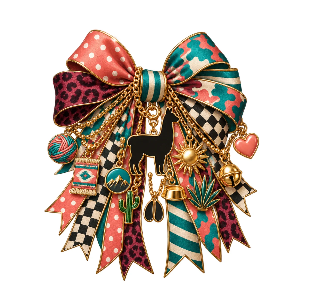 Llama Lover Bow Charm PNG, Themed Gold Chain Charms, Coquette Ribbon Sublimation Design, Transparent Digital Download