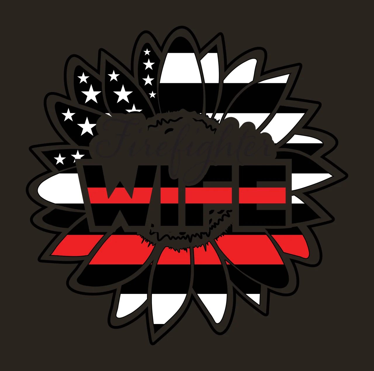 Firefighter WIFE Firefighter wife sunflower Design with sunflower petals, American flag stars, horizontal stripes and thin red line in black and white contrast preview thumbnail