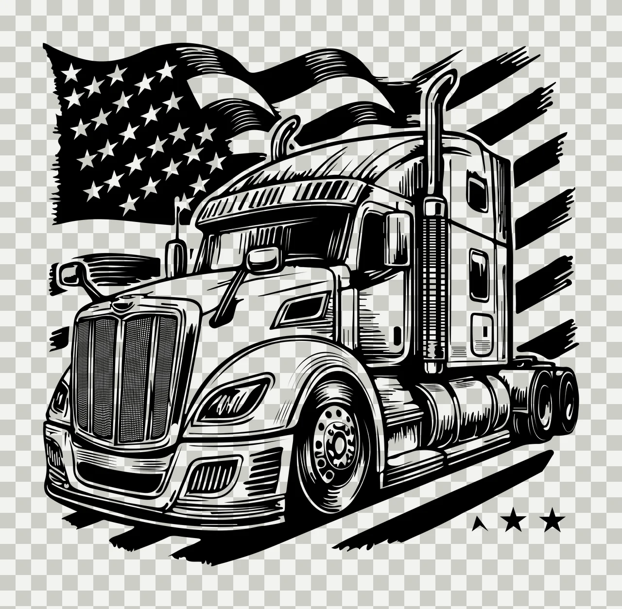 Semi Truck Flag With Us Background and stationary star engraving transparency and detail preview thumbnail
