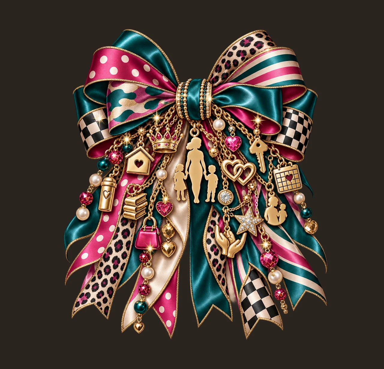 Single Mom Bow Charm PNG, Themed Gold Chain Charms, Coquette Ribbon Sublimation Design, Transparent Digital Download contrast preview thumbnail