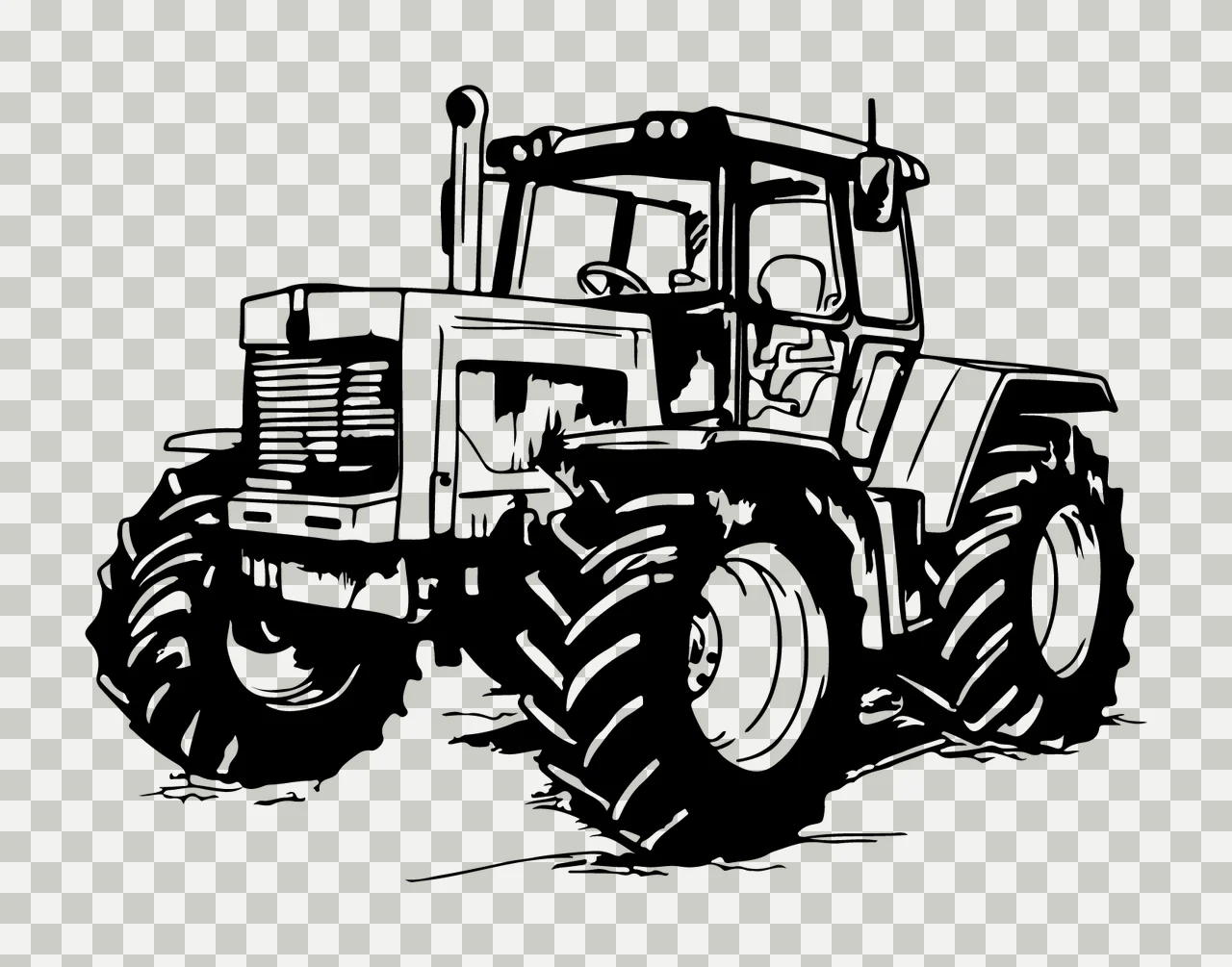 Black And White Line Art Tractor standing wheels cabin exhaust pipe transparency and detail preview thumbnail