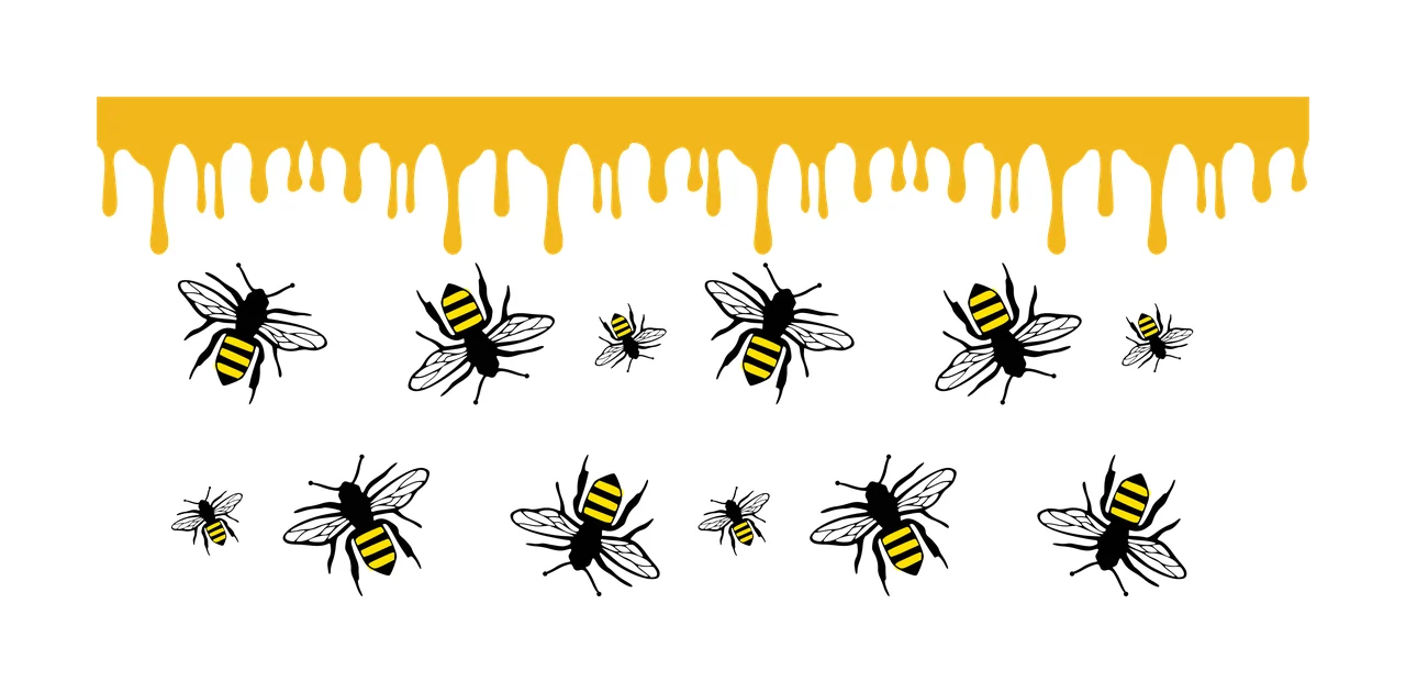 Honey drip border with bees Illustration with yellow honey drip and black and yellow bees in white