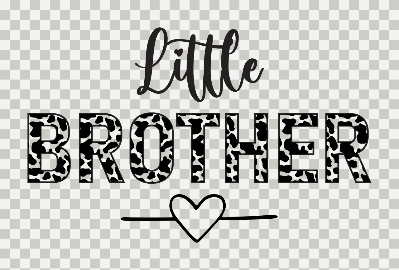 Little BROTHER Typography Design with cursive 'Little', block letters 'BROTHER' with black and white cow print pattern, black outline heart and horizontal line under heart transparency and detail preview thumbnail