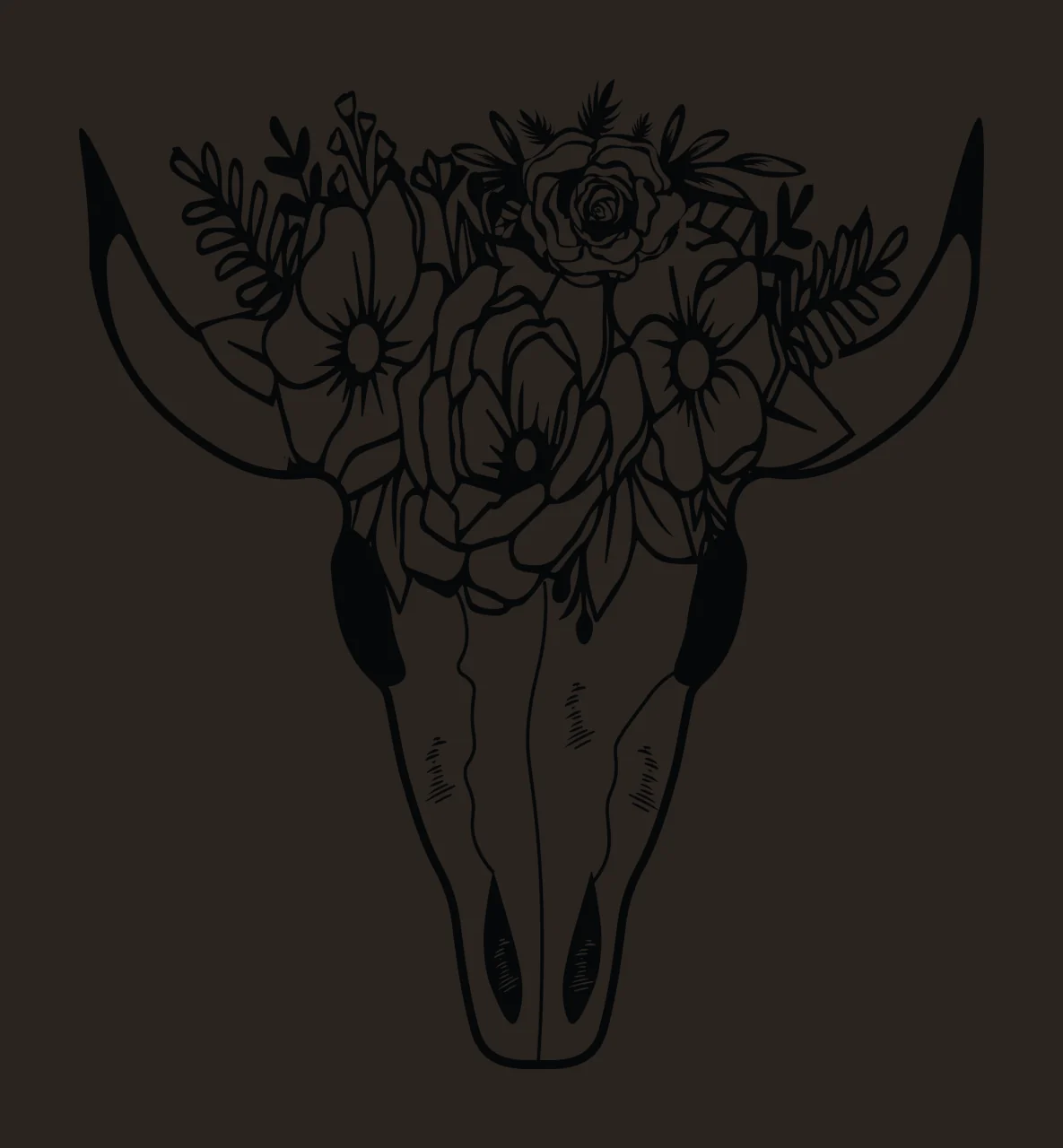 Bull Skull With Floral Arrangement horns flowers leaves foliage contrast preview thumbnail