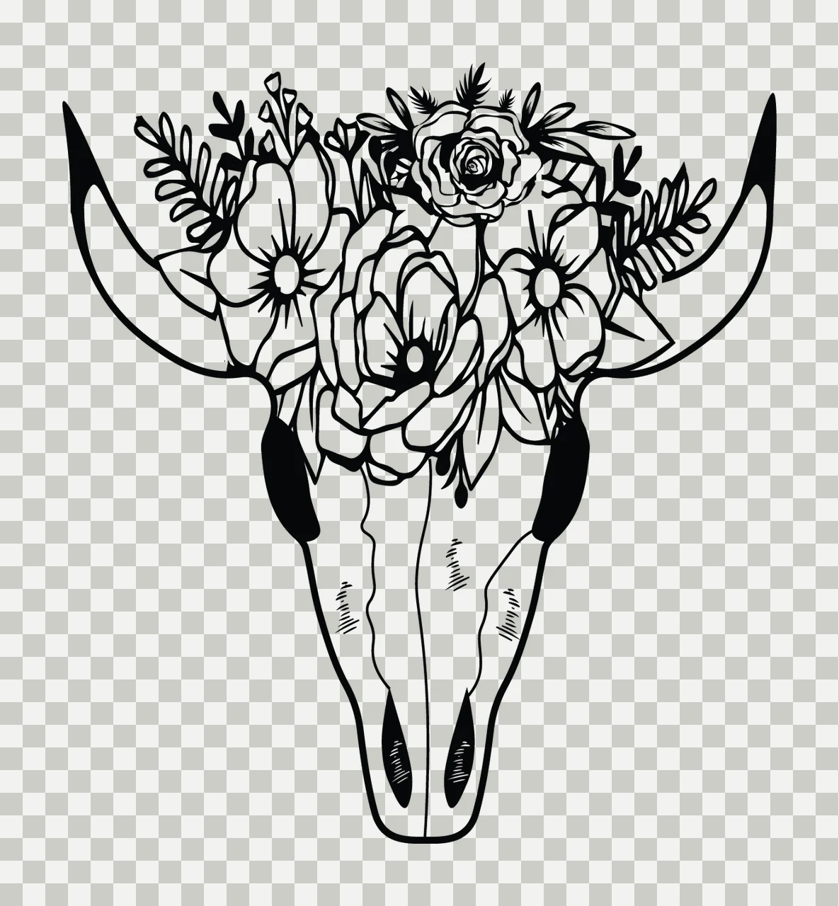 Bull Skull With Floral Arrangement horns flowers leaves foliage transparency and detail preview thumbnail