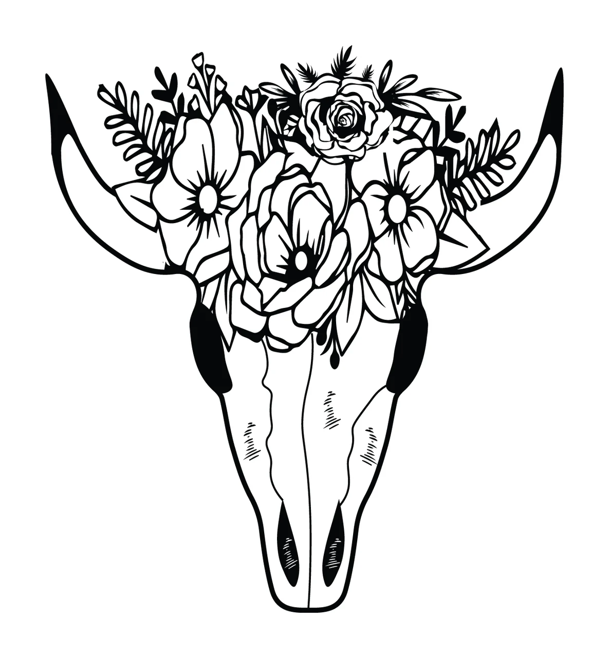 Bull Skull With Floral Arrangement horns flowers leaves foliage