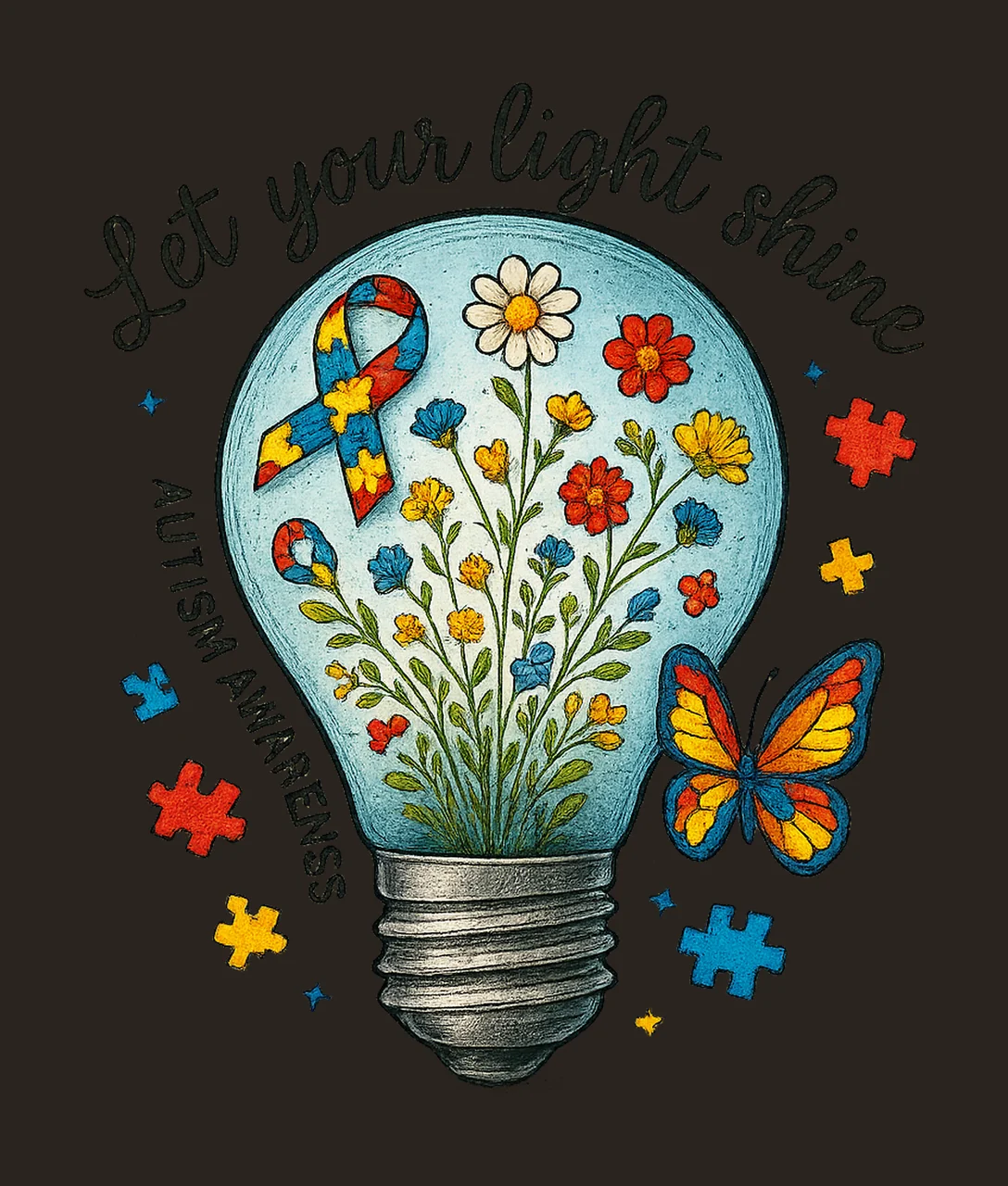 Autism Awareness Lightbulb Floral Puzzle Ribbon Design contrast preview thumbnail