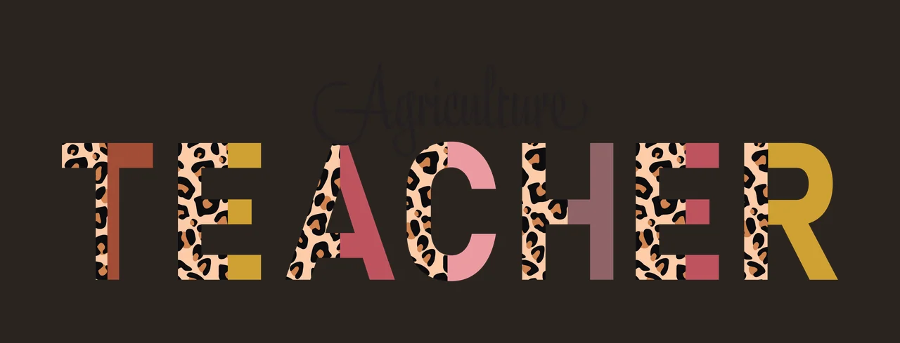 Agriculture TEACHER Typography Design with cursive text, block letters, leopard print pattern and split color design in black, tan and brown contrast preview thumbnail