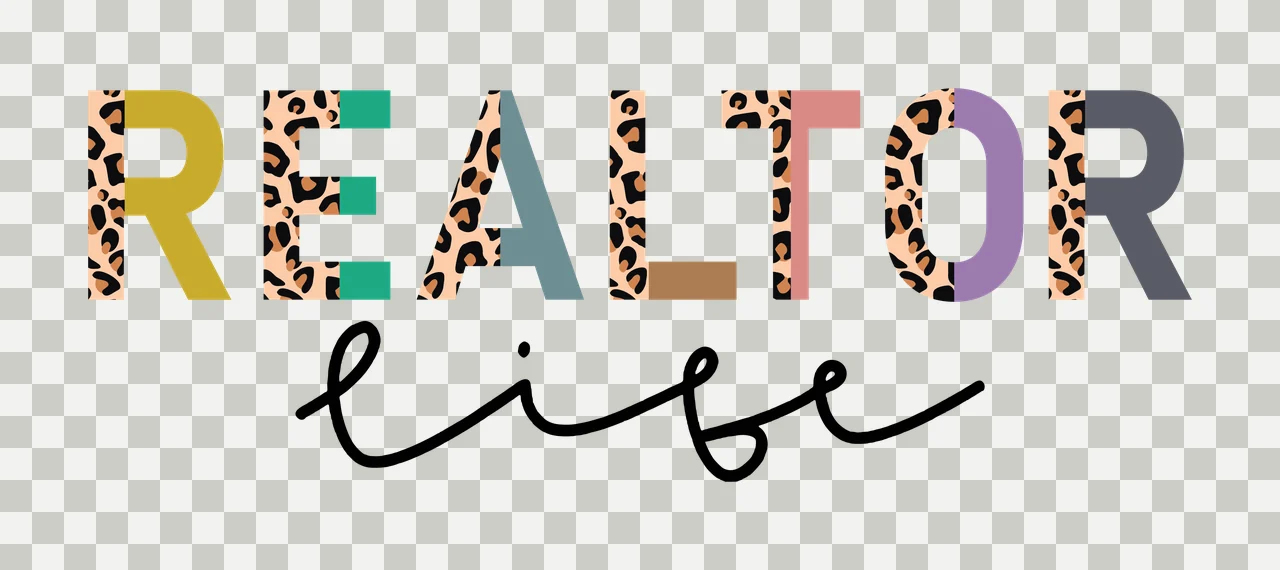 REALTOR life REALTOR life logo design with leopard-print letters, multicolored block letters and cursive 'life' script in yellow, teal and blue transparency and detail preview thumbnail