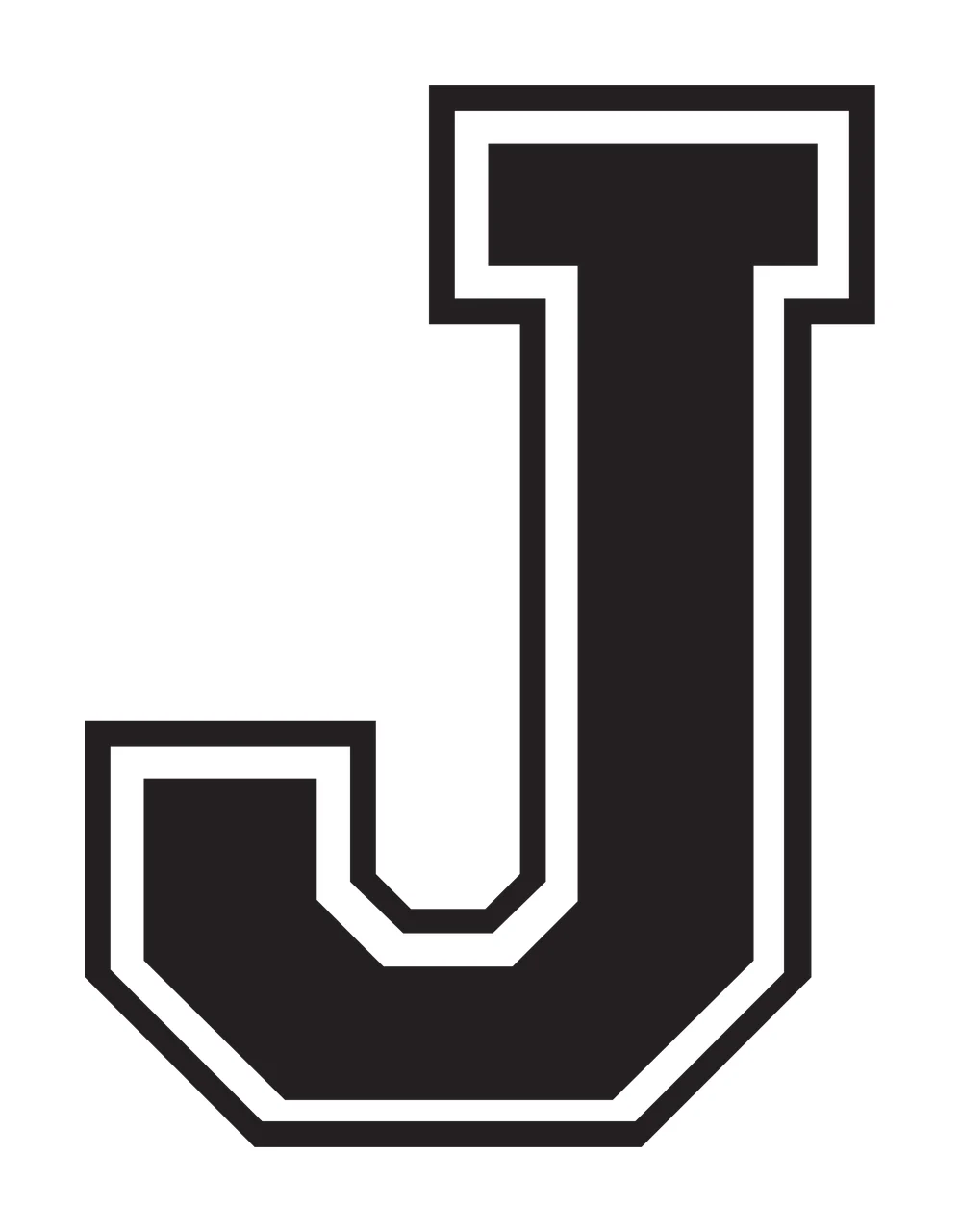 J Letter Design with double outline, serif top cap and athletic block font in black and white