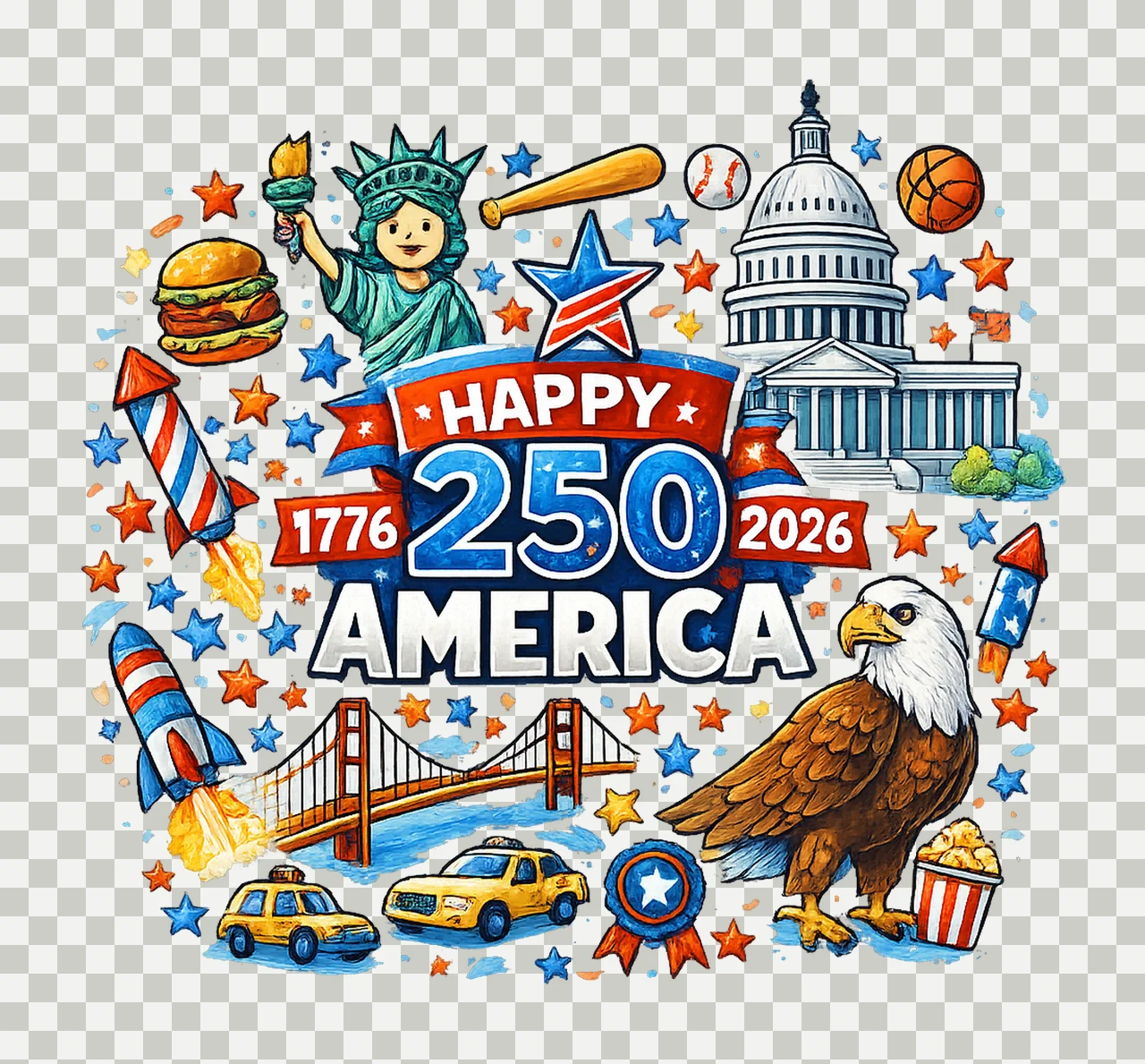 Happy 250 America Kids Doodle Patriotic USA Design transparency and detail preview thumbnail